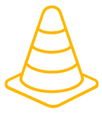 A yellow-orange outline icon of a traffic cone on a plain white background.
