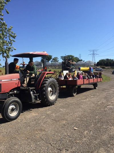 Red tractor with a trailer carrying people on a road with clear blue sky.