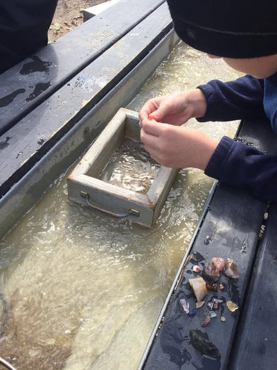 Child gem mining and examining small objects in water.