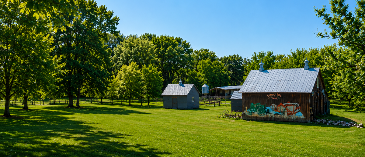 A sunny rural landscape with a large green lawn, tall leafy trees, and a weathered wooden barn with a metal roof and colorful wall art, under a clear blue sky.