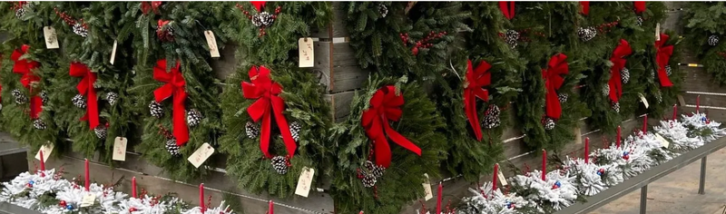 A row of green Christmas wreaths with large red ribbons and small hanging tags, displayed on a metal rack with white decorative garlands at the base.