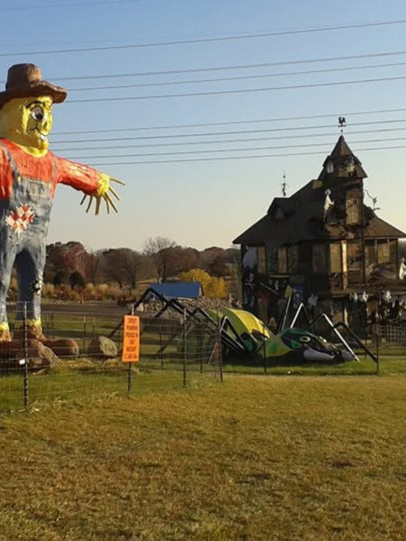 A large scarecrow decoration stands on the left, with a spooky haunted house and a green-and-black spider decoration in the background on a grassy outdoor area.