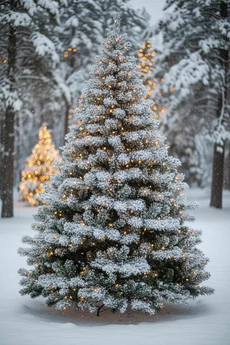 A snow-covered Christmas tree in a snowy outdoor setting, decorated with warm glowing fairy lights, with other blurred trees in the background.