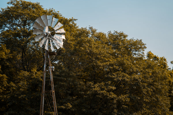 Windmill against trees and a blue sky